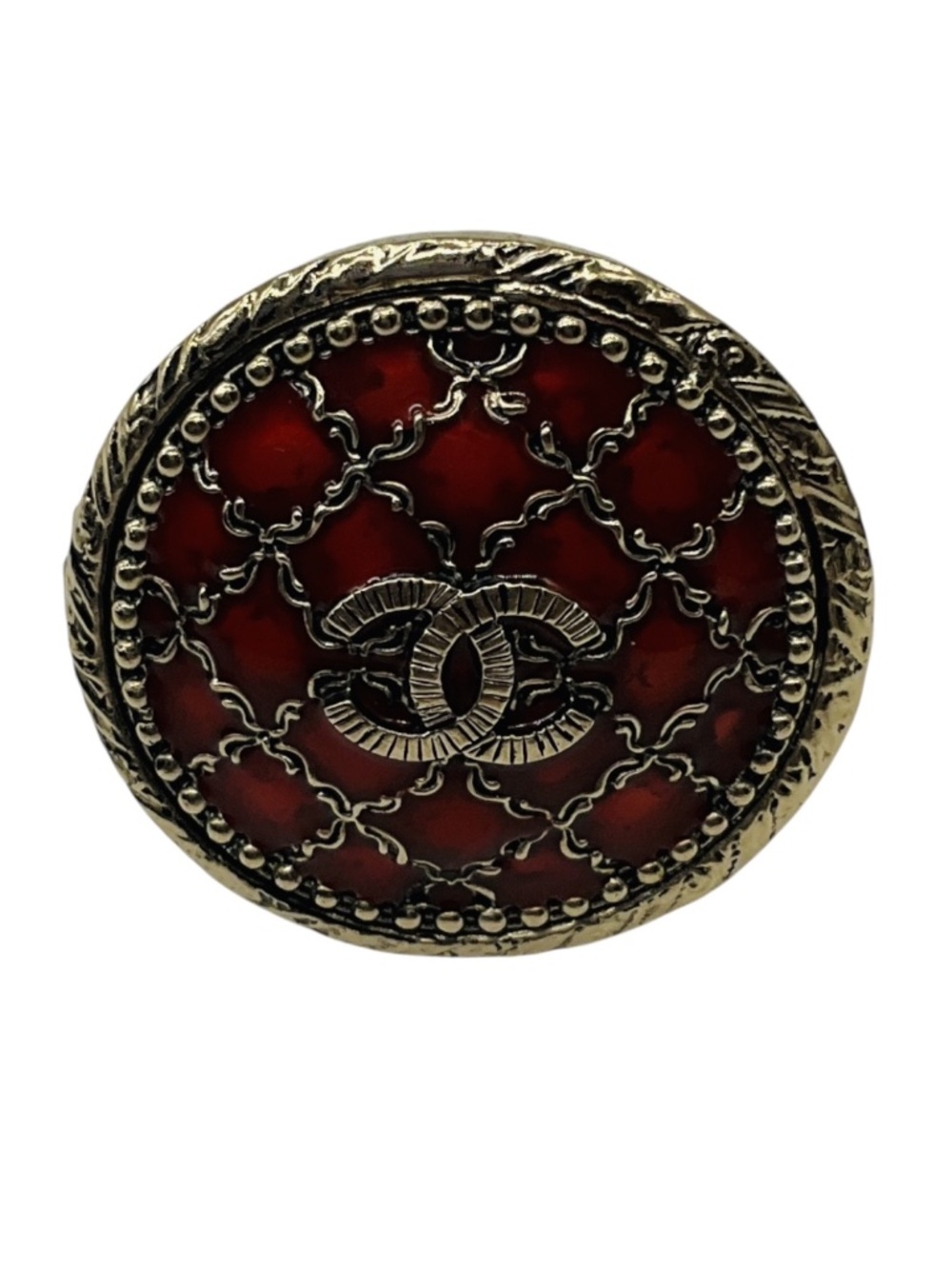 CHANEL 2010 RED / BRUSHED GOLD CC LOGO CIRCULAR ENAMEL LOCKET RING